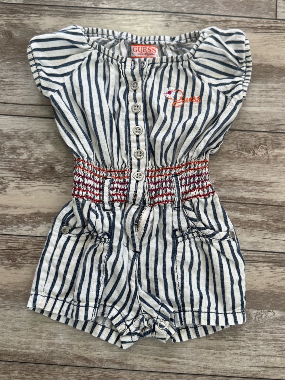GUESS Navy and White Striped Baby Romper with Red Smocked Waist 18 Month